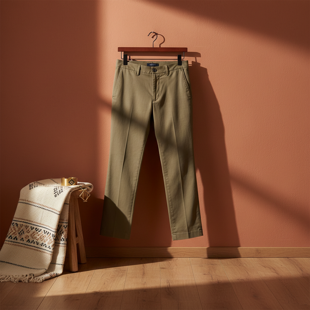 Pantalon chino beige-olive pour homme sur cintre en bois sombre devant un mur terracotta