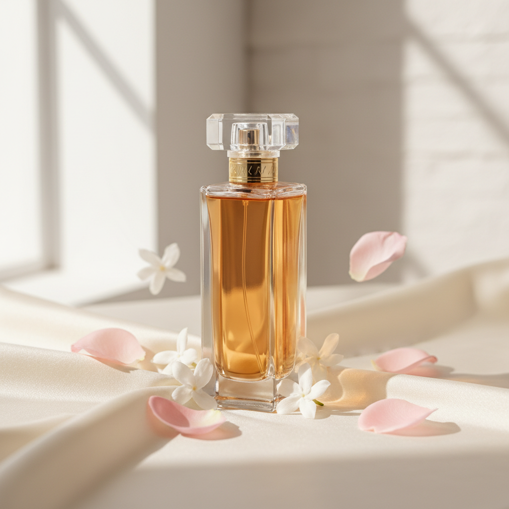 Flacon de parfum au jus doré ambré sur soie crème, entouré de pétales de rose et de fleurs de jasmin