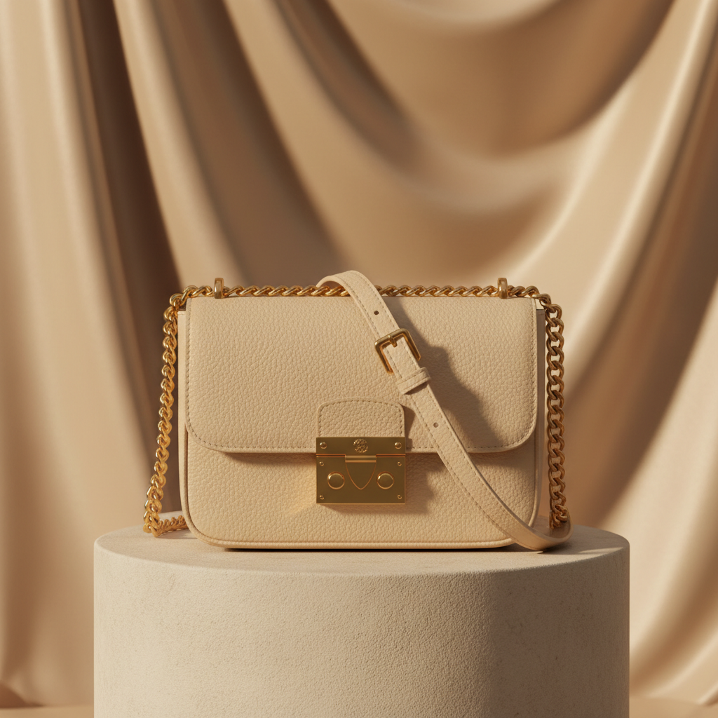 Sac bandoulière messager crème avec quincaillerie dorée et longue bandoulière réglable, posé sur un socle de pierre claire
