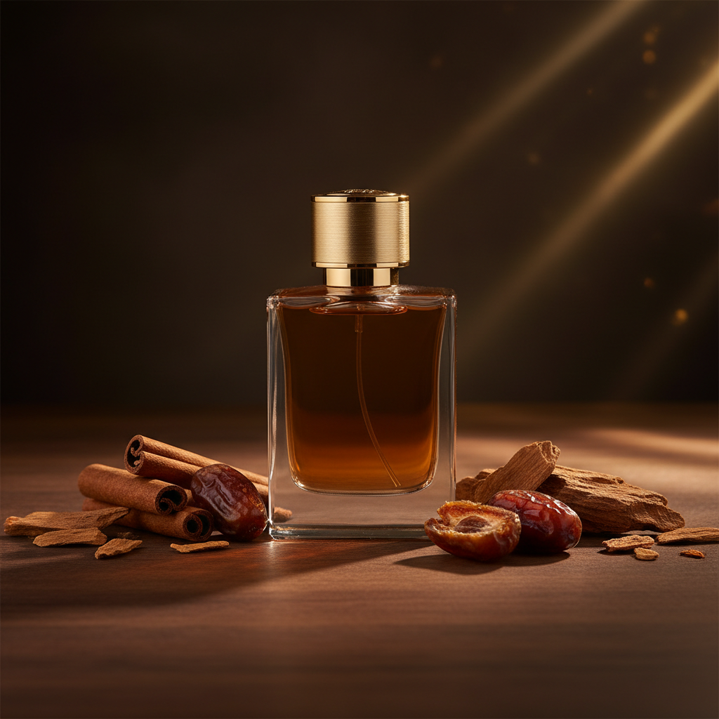Flacon de parfum ambré à capot doré sur bois sombre, entouré de bâtons de cannelle, de dattes et de bois de oud