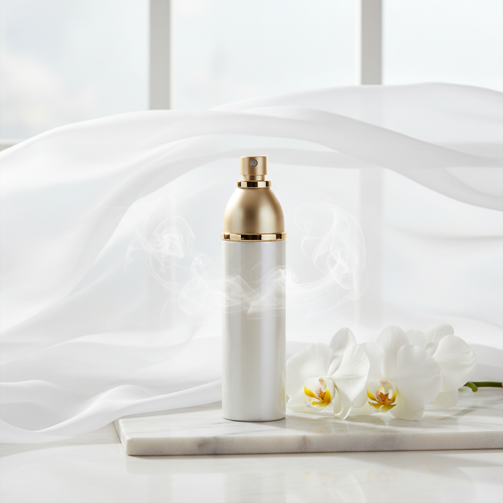 Vaporisateur d'ambiance blanc nacré et doré sur marbre blanc, entouré d'orchidées blanches et de tissu fluide
