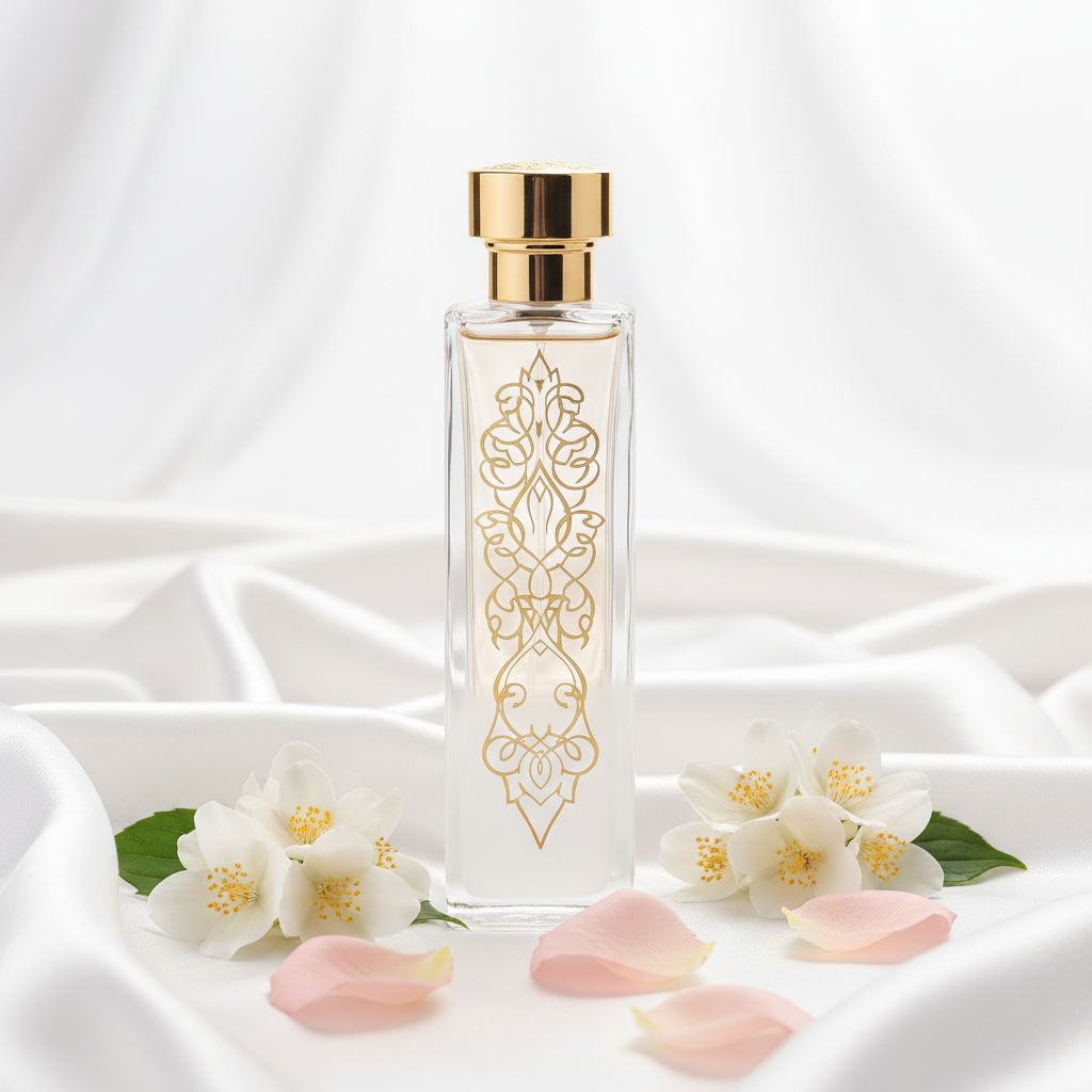 Flacon de parfum nacré aux accents dorés gravés d'arabesques, posé sur soie blanche avec jasmin et pétales de rose