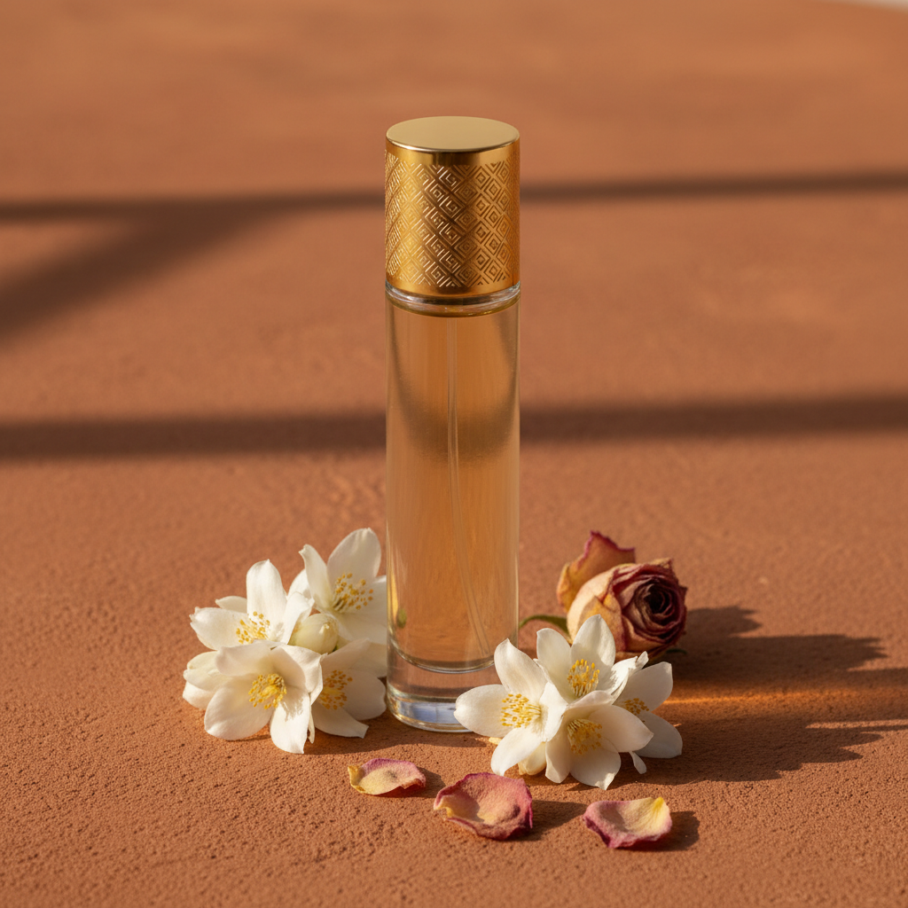 Flacon de parfum à capot doré gravé de motifs berbères, posé sur terre cuite avec jasmin blanc et pétales de rose